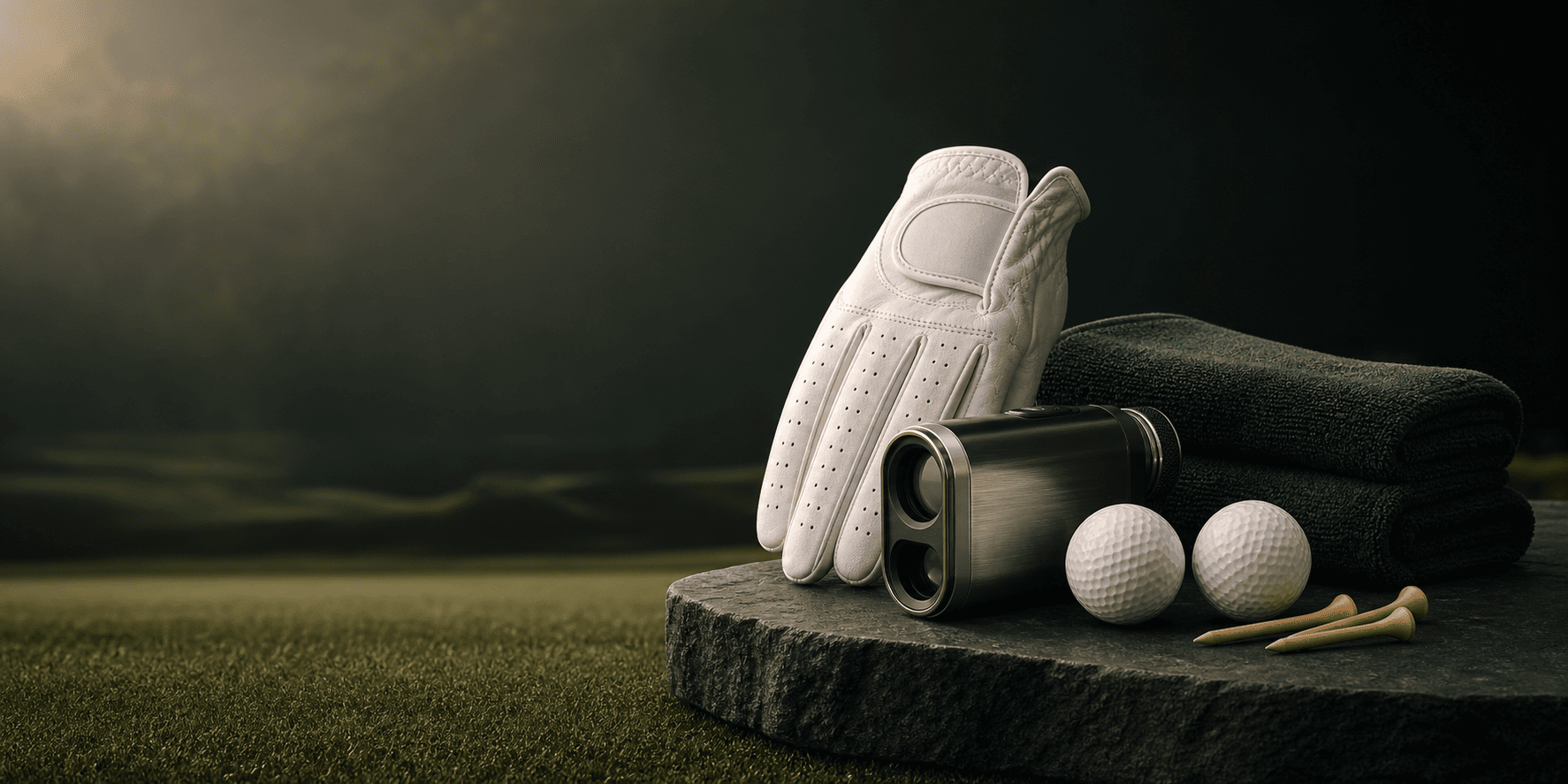 Premium golf glove, rangefinder, towel, golf balls, and tees arranged on a golf course